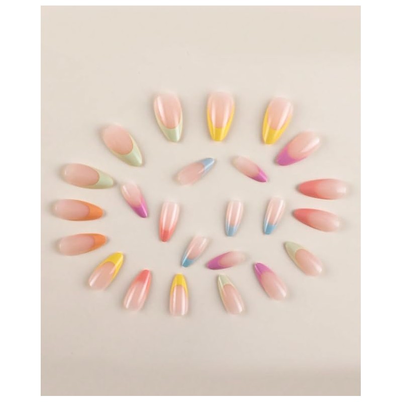 Almond Shape Spring Pastel Rainbow French Tip Press-On Nails, 24