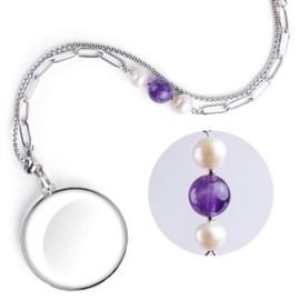 LAFORTISART Magnifying Glass Necklace for Women 10X Healing Crystal Gemstone Elegant Paperclip Y-shaped Long Chain Pendant Monocle Necklace for Women Gift for Mom Grandma (Amethyst)