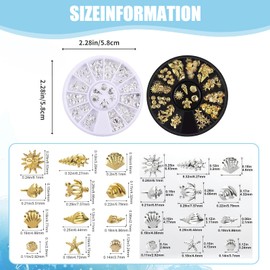 2 Boxes 3D Ocean Nail Charms with Metal Star Starfish Shell in 12 Grid Mixed Sizes for Nail Art Manicure Design DIY Crafts, Gold and Silver