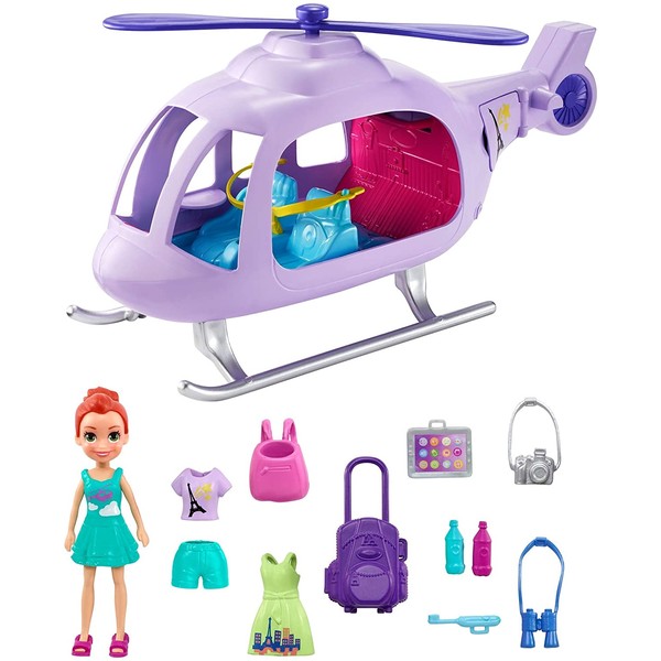 Polly Pocket Vacation Helicopter Playset with 3-in/ 7.62-cm Lila Doll, Helicopter, Luggage, Backpack, Tablet; Water Bottles, Binoculars, Camera & Toothbrush; for Ages 4 Years Old and up, Multi