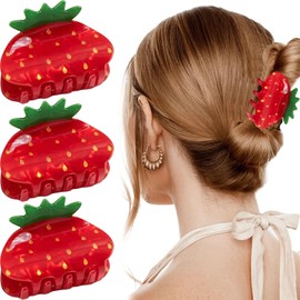 Strawberry Hair Clips for Women, Red and Green Fruit Design, Decorative Claw Style Hair Accessories, 3 Pack
