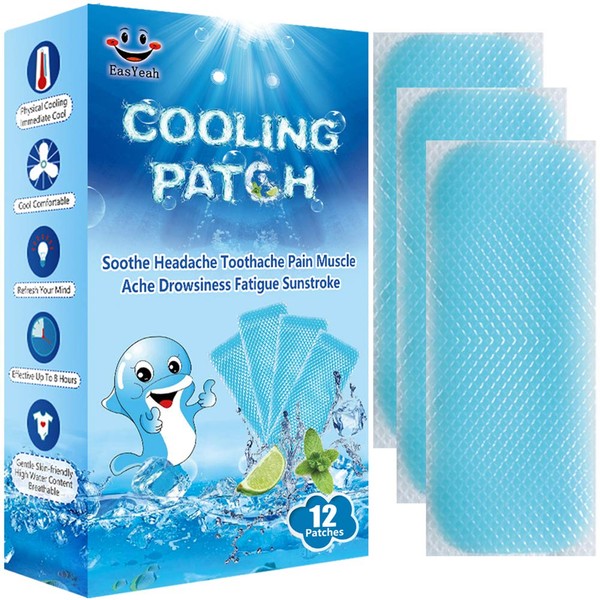 12 Sheets Cooling Patches for Fever Discomfort & Pain Relief, Cooling Relief Fever Reducer, Soothe Headache Pain, Pack of 12