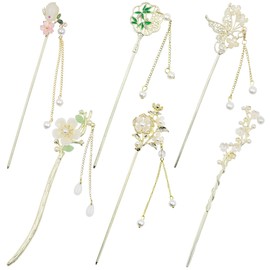 6 Pcs Metal Chinese Hair Sticks with Pendants for Women, Gold Chinese Hair Pin for Long Hair, Traditional Hanfu Hair Chopsticks for Flower Accessories (6Pcs)
