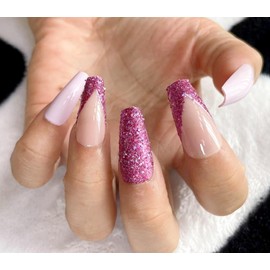 Press on Nails Medium Coffin Pink Glitter French Tip Fake Nails Medium Coffin with Designs Full Cover False Nails Medium Coffin French Tip Glue on Nails Cute Acrylic Thick Stick on Nails for Women Nails Art 24Pcs JP2352