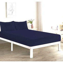 Fitted Bed Sheet With FREE MATCHING 2 X PILLOW CASES Poly Cotton Percale Easy Care Plain Dyed Bed Sheet Navy Double