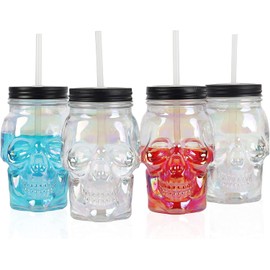 Servette Home 4 Pack Iridescent Skull Shaped Mason Jar with Lid and Straw - 16 Oz