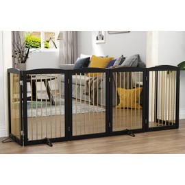 PUPETPO Freestanding Pet Gate for Dogs, Indoor Wooden Dog Gate for House, Extra Wide Dog gate, Foldable Dog Gate for Stair, Doorway, Hall, Support Feet Included, 120 Inch Wide, 6 Panels 32",Black&Gold