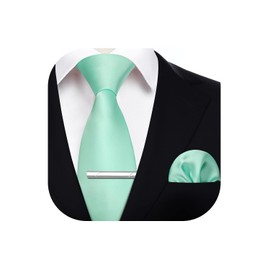 HISDERN Mint Green Ties for Men Tie and Pocket Square Set Wedding Solid Color Tie on Clips Necktie Handkerchief For Business