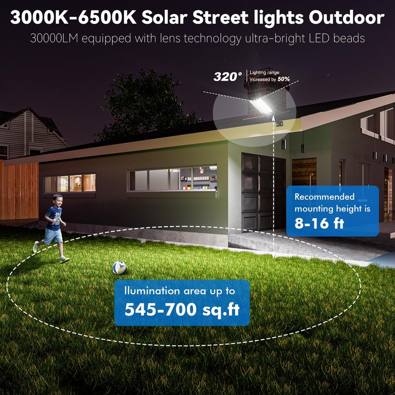 Solar Street Light Outdoor, 3 Color Temperature Waterproof 30000LM, Solar