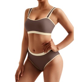 MOOSLOVER Women Sporty Color Block Bikini Sets Cheeky High Cut Two Piece Swimsuit (M,Cocoa)