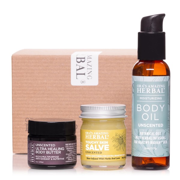 Ora's Amazing Herbal Unscented Moisturizer Travel Set, Touchy Skin Salve, Unscented Body Butter & Body Oil Set, Travel Size, Eczema and Senstivie Skin