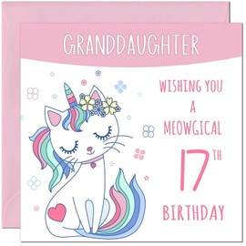 17th Granddaughter Birthday Card - Meowgical Funny Cat Birthday Card for 17 Year old teenage Kids seventeen, seventeenth