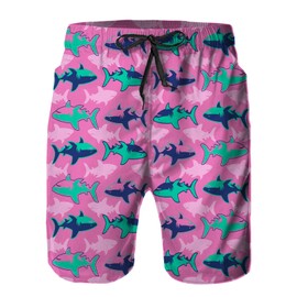Mens Swim Trunks with Mesh Lining,Sharks on Pink Background Quick Dry Beach Board Shorts Swimsuit Pants Swimwear Bathing Suits 4XL