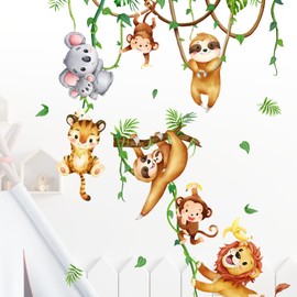LURNODY Wall Tattoo Jungle Animals, Vines Wall Sticker Lion Monkeys Koala Animals Tiger Wall Sticker Children's Room Animal Wall Stickers Suitable for Children's Room Baby Room Living Room Wall