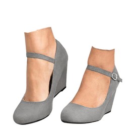 Coutgo Womens Wedge Pumps Dressy Mary Jane Shoes Comfort Wedges Closed Toe Ankle Strap Heeled Shoes Grey
