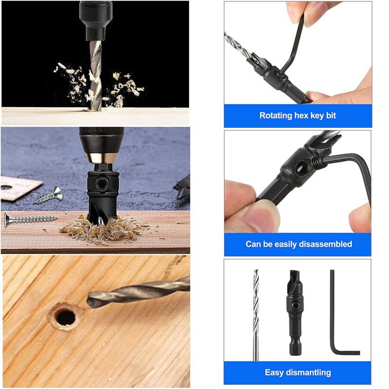 Saipor 5pcs Wood Countersink Drill Bit Set Hex Shank Quick