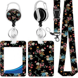 ID Badge Holder with Lanyard and Retractable Badge Reel Clip - Flowers Pattern Card Name Tag Lanyard Vertical ID Protector Bage Clips for Nurse Nursing Doctor Teacher Student Clip Badge Lanyards