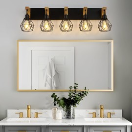 5-Light Farmhouse Bathroom Vanity Light Fixtures, Wood Bathroom Light Over Mirror, Rustic Sconces Wall Lighting with Elegant Metal Lampshade for Living Room, Bedroom, Hallway…