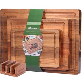 Acacia Wood Cutting Board，Solid Wood Cutting Board for Kitchen with Holder with Deep Juice Grooves & Built-in Handles, Durable Wooden Chopping Board Set of 3 for Meat, Vegetables and Fruits