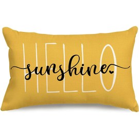 RABUSOFA Hello Sunshine Pillow Cover Farmhouse Yellow Lumbar Pillow Cover,Spring Summer Decorations Cushion Case for Couch Polyester Linen 12x20 Inches