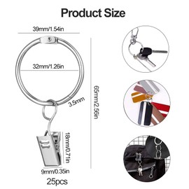 Curtain Rings, Metal Curtain Rings, Curtain Rings, Curtain Rings, Pack of 25, Curtain Clip Curtain Rod, 32 mm Curtain Rings, Stainless Hanging, Curtain Rings with Clips, Silver