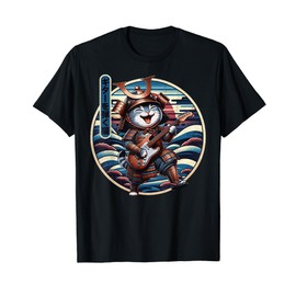 Japanese Samurai Cat Playing The Electric Guitar Funny T-Shirt