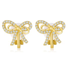 AOLIMI Gold Bow Clip On Earrings for Women Double Bow Clip Earrings Rhinestone Bow Clip Earrings Cute Bow Clip Earrings