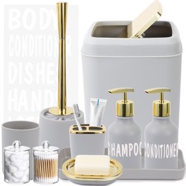 XLHOMO Grey and Gold Bathroom Accessories Set - 10 Piece Bathroom Sets with Trash Can and Toilet Brush, Soap Dispenser, Toothbrush Holder and Cup, Soap Dish, Qtip Holder, for Housewarming Present