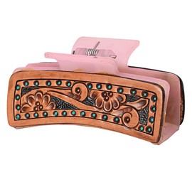 American Darling Floral Long Hair Claw Hand Tooled Carved Genuine Leather Brown Clips Clutcher Gift For Women Girls