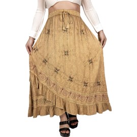 Agan Traders Women's 2025 Summer Western Boho Vintage Drawstring Embroidered Flared Ruffle High Waist Long Skirt (702 SK, S/M, Cm) Camel