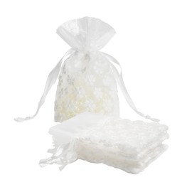 ISKYBOB Set of 20 White Lace Organza Gift Bags,Embroidery Drawstring Sachet Bag White Muslin Jewelry Pouch Rustic Wedding Favors，4 x 6IN (White)