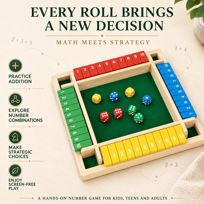 OANM studio Shut The Box Game, 4 Player Wooden Square