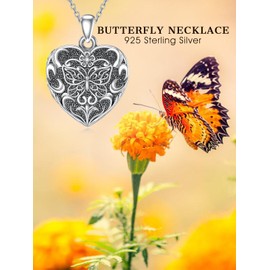 Midari Butterfly Locket Necklace for Women 925 Sterling Silver Oxidized Butterfly Heart Shaped Picture Locket Necklace That Hold 2 Pictures Memory Photo Pendant (Locket)
