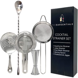 TheBarsentials Cocktail Strainer Set Stainless Steel Bar Tools with Stirring Spoon - Hawthorne, Julep, Fine-Mesh and Jigger for Drinks