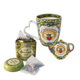 Royal Tara Set of 1 Irish Claddagh Ring Mug and1 Breakfast Tea - Irish Weave Reusable Tin 50 Count Tea Bags Packed Ireland Housewarming Gift (1 Mug Tea and Tea Bag Holder)