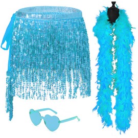 Sequin Skirt - Blue Sequin Skirt for Women Fringe Skirt Belly Dance Rave Disco Sparkle Skirt, with Sunglasses + Boa(Blue)