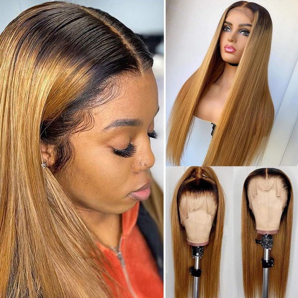 Ombre Lace Front Human Hair Wigs BlondeStrawberry 13x4 Frontal Lace Wigs Free Part 14 Inch 150% Density Pre Plucked with Baby Hair #613 Straight Lace Front Wig for Women Dark Roots