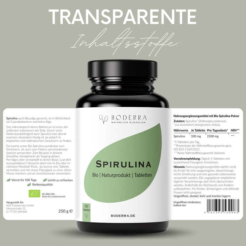 BODERRA® Spirulina Organic Pellets - High Dose Spirulina Tablets -