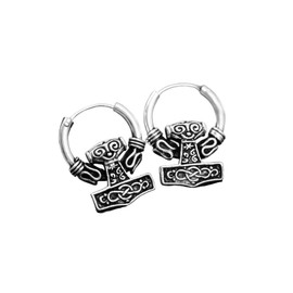 WINDALF Vintage Vikings Hoop Earrings MjØLNER Diameter 1.7 cm Viking Thor's Hammer Earrings Antique 925 Sterling Silver, Sterling Silver