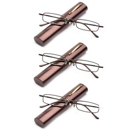 3 Packs Pocket Readers Ultra Slim Compact Reading Glasses Spring Temple w/Portable Pocket Clip Aluminum Case Brown +1.75