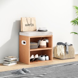 Small Shoe Bench for Entryway with Cushion and Seating, Oak