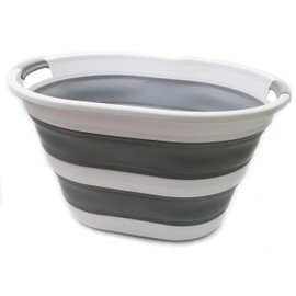 SAMMART Collapsible Plastic Laundry Basket - Oval Tub/Basket - Foldable Storage Container/Organizer - Portable Washing Tub - Space Saving Laundry Hamper (1, Grey)