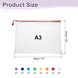 HARFINGTON 8pcs Mesh Zipper Pouch Bags A3 17" x 12" Plastic Waterproof Mesh File Bag Clear Document Zipper Pouches for Classroom Home Travel Office Supplies Organization, 8 Colors