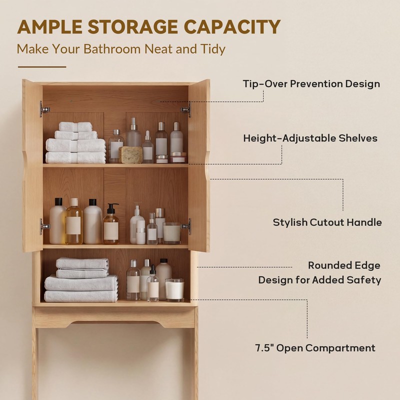 Merapi Over the Toilet Storage Cabinet, Natural Wood Grain Organizer