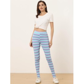 Allegra K Women's Leggings Printed High Waist Elastic Waistband Party Yoga Stirrup Pants Large Violet Blue- Stripe