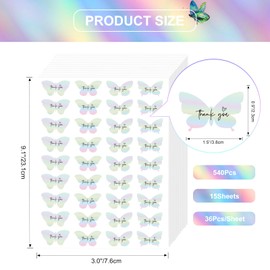 Anwyll Butterfly Thank You Gift Stickers,540Pcs Holographic Rainbow Foil Thank You Stickers Small Business,Self-Adhesive Butterfly Thank You Party Favors Stickers for Packaging Birthday Baby Shower
