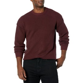 GUESS Men's Long Sleeve 2 Tone Waffle Brendon Sweater, Jet Black/Red Noir Multi