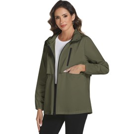 Avoogue Lightweight Walking Raincoat Women Waterproof Windbreaker Packable Biking Hooded Rain Shell (Army Green, L)