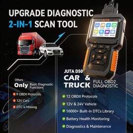JUTA Heavy Duty Truck Scanner Diesel OBD2 Diagnostic Scan Tool, 2-in-1 Check Engine Code Reader for Car and Truck, Real-Time Data Stream, Battery Test