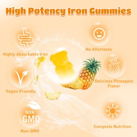 2 Pack Vegan Iron Supplement Gummies for Adults & Kids - with Vitamin A, C, B-Complex, Folate, Zinc - Blood Health Support & Energy Support for Iron Deficiency, Anemia, Pineapple Flavor (120 Count)